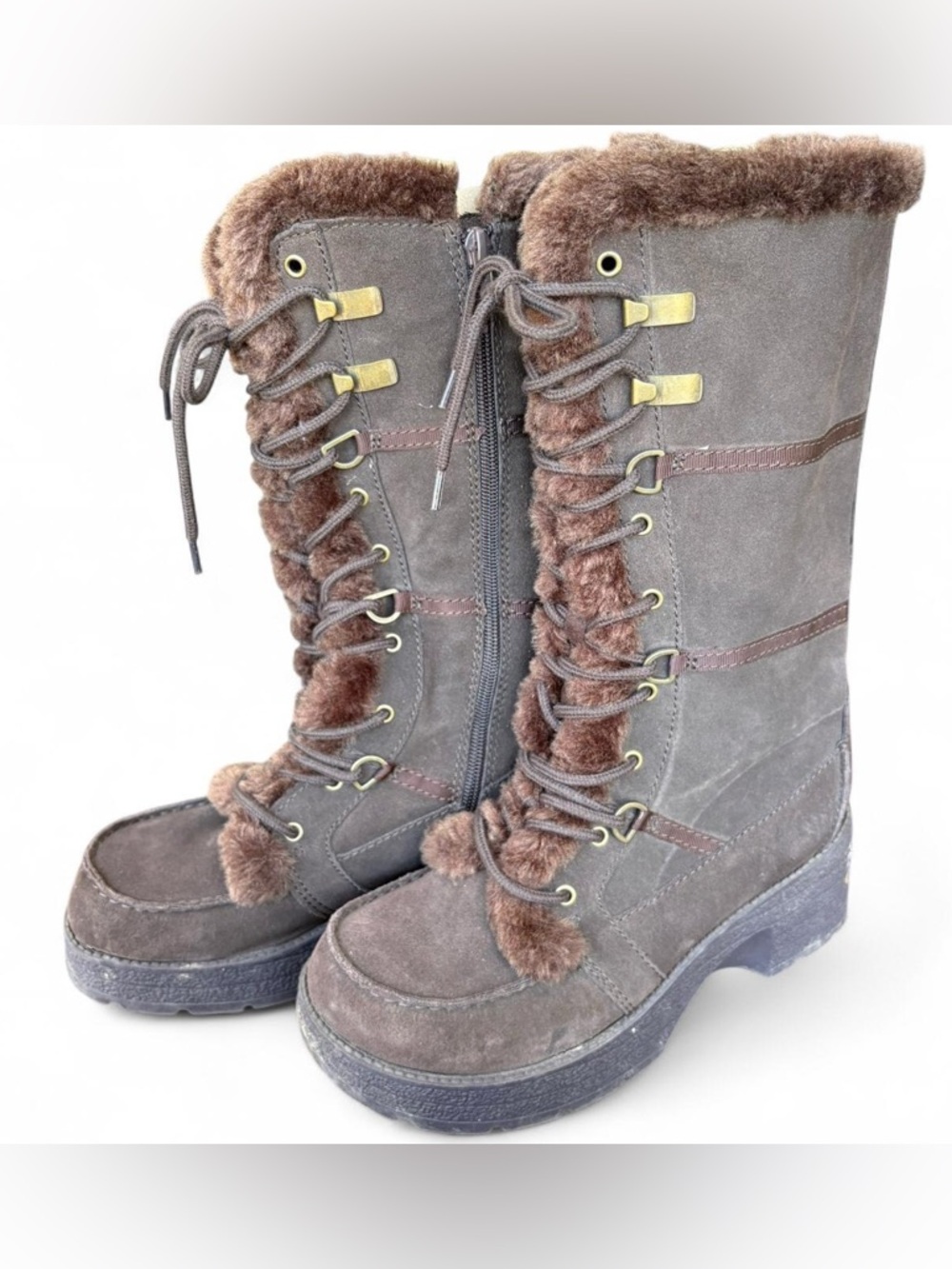 Arizona Brown Leather Mid-Calf Boots Faux Fur Lined Zip US Size 8.5